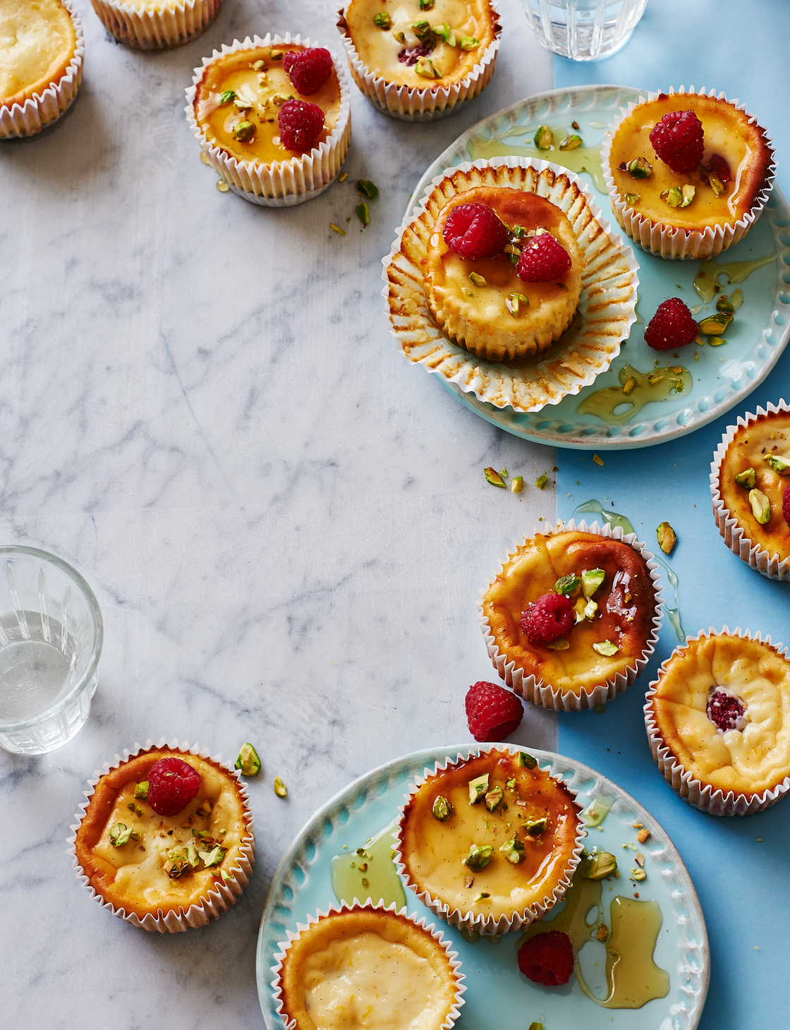 Raspberry and ricotta baked cheesecakes with pistachios and honey