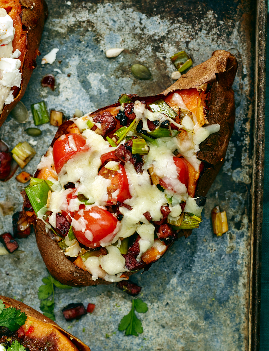 Baked sweet potato with chorizo and melting cheese Sainsbury`s Magazine