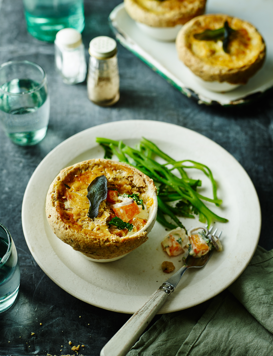 Butternut squash, Stilton and kale pies with walnut pastry recipe