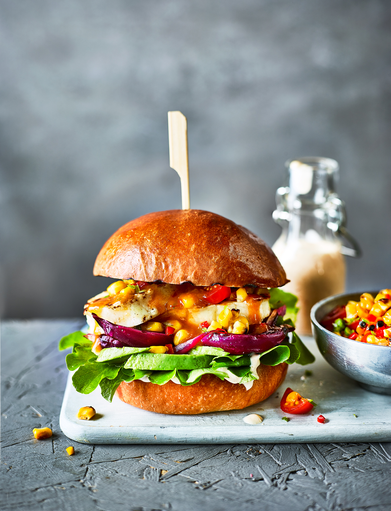 Peri peri halloumi burger with sweetcorn salsa recipe  Peri peri halloumi burger with sweetcorn salsa recipe