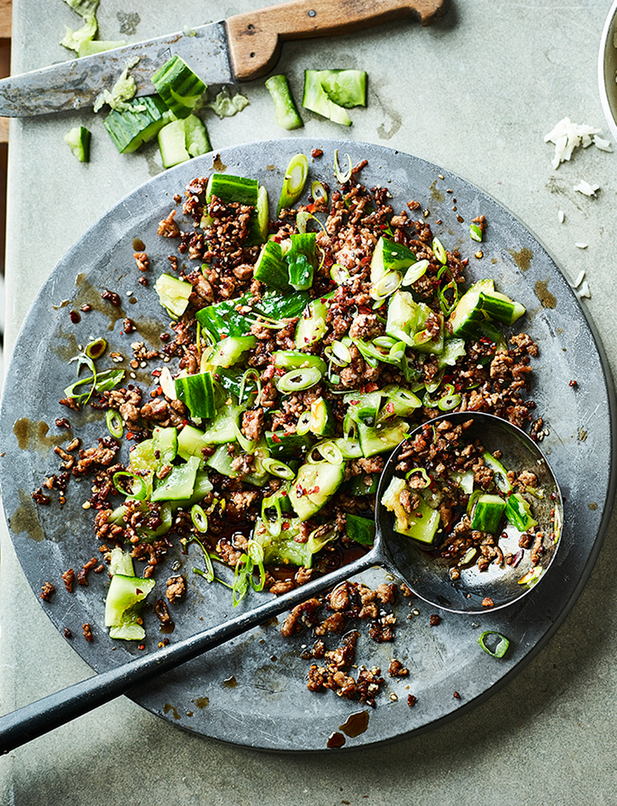 Smashed cucumber and pork Szechuan stir-fry recipe | Sainsbury`s Magazine