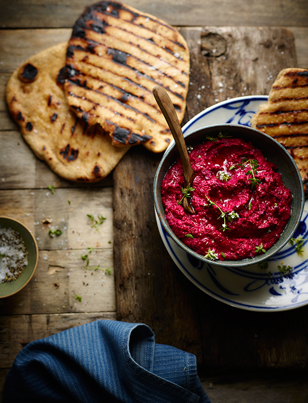 Saltbaked beetroot houmous with spelt flatbreads recipe Sainsbury`s