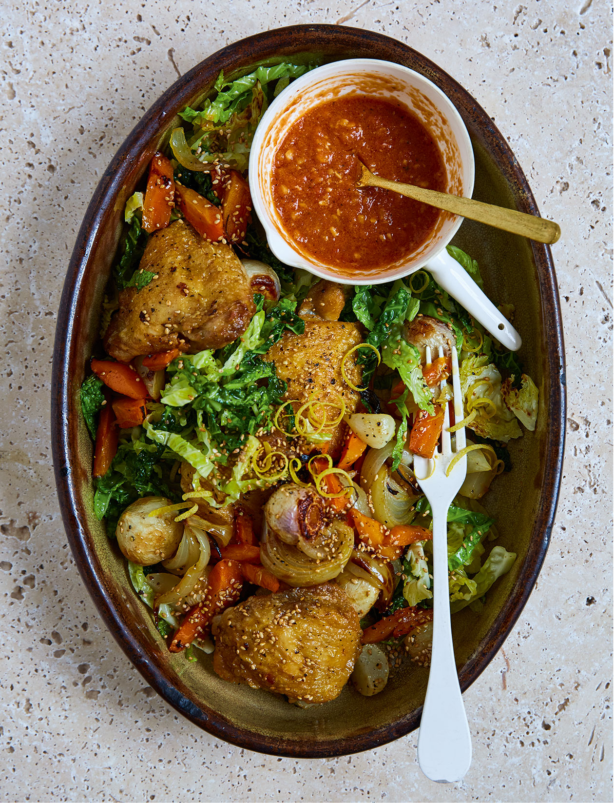 Sesame roast chicken with tomato gravy recipe | Sainsbury`s Magazine