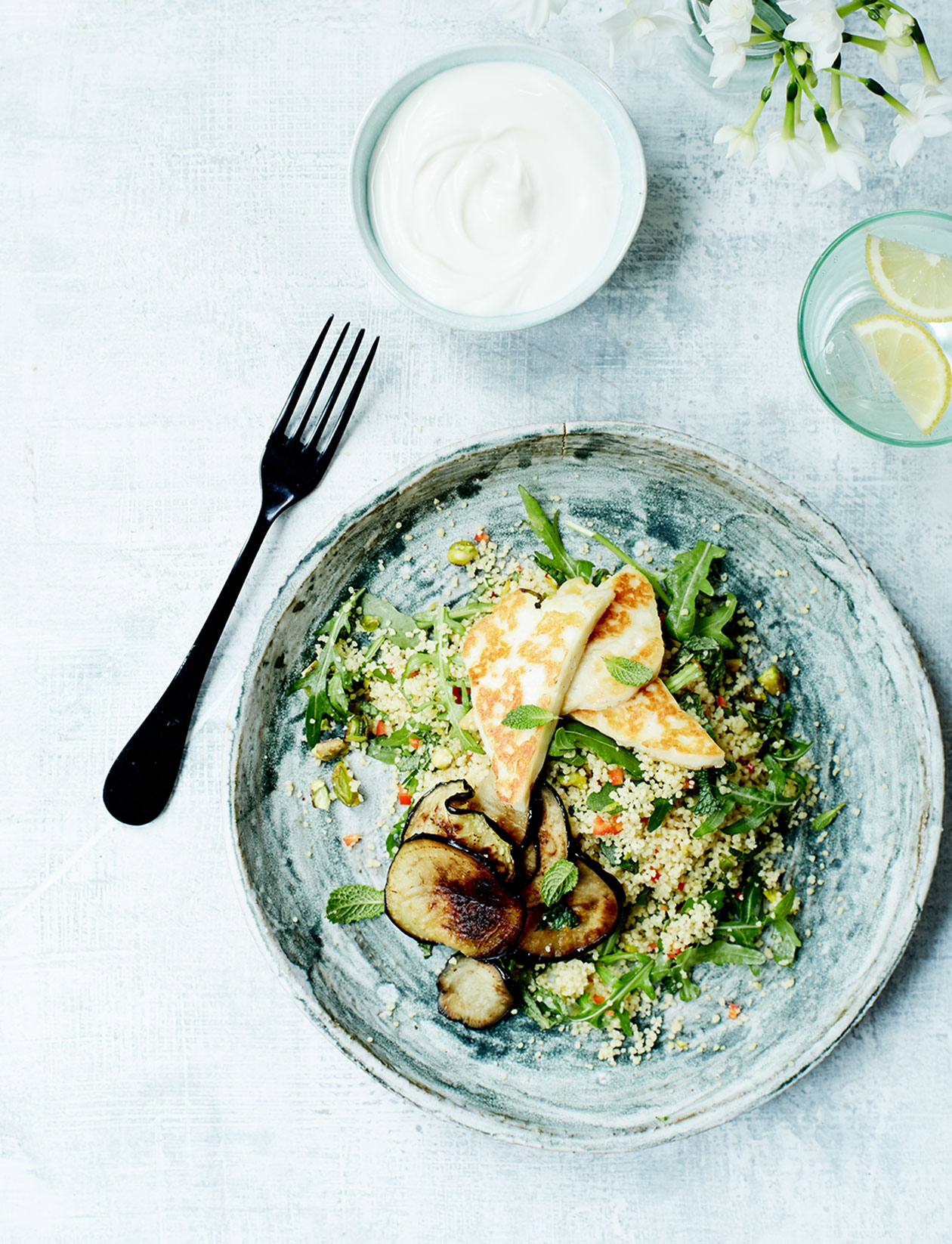 Halloumi and aubergine with minted couscous recipe ...