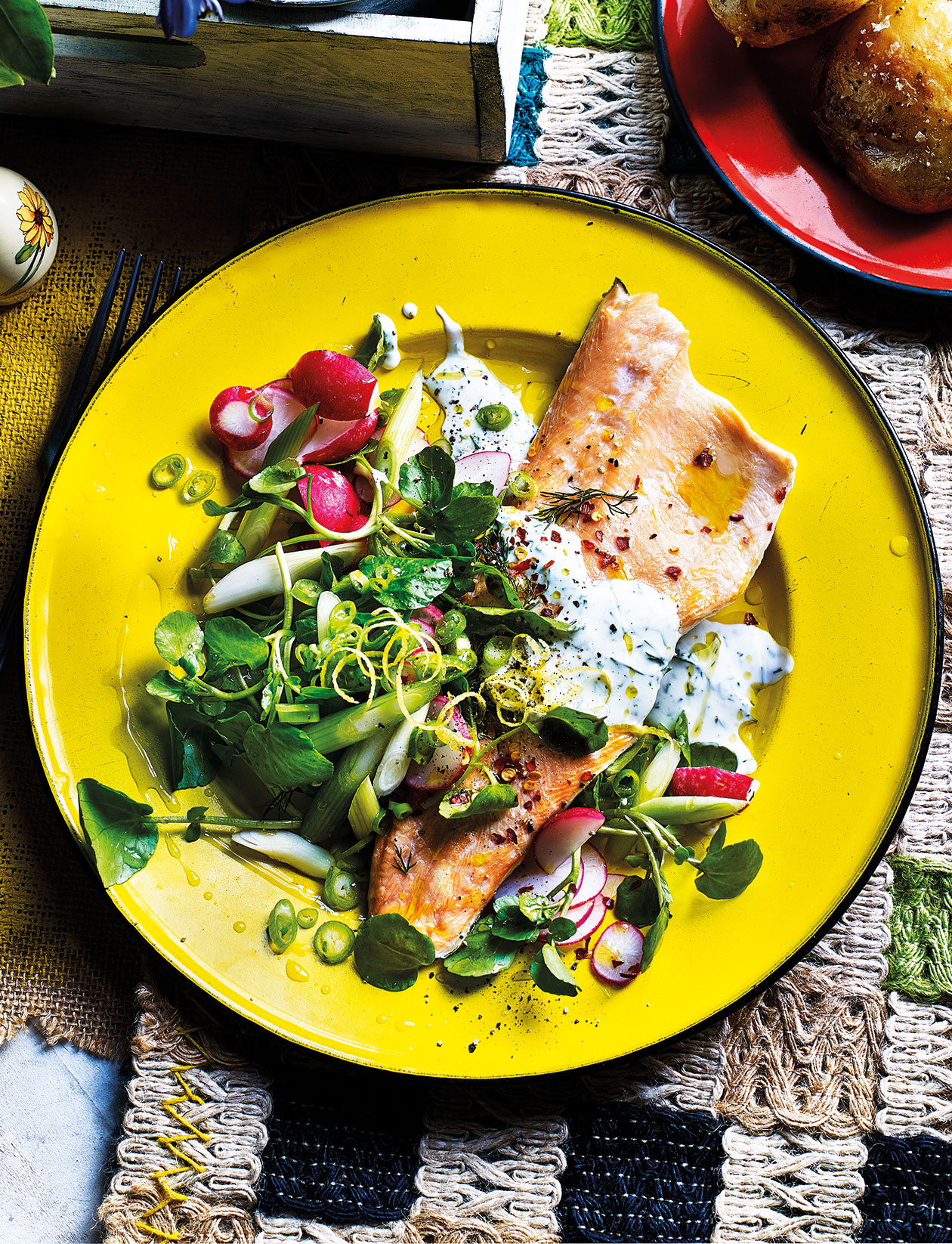 Radish, spring onion and watercress salad with baked trout recipe Sainsbury`s Magazine