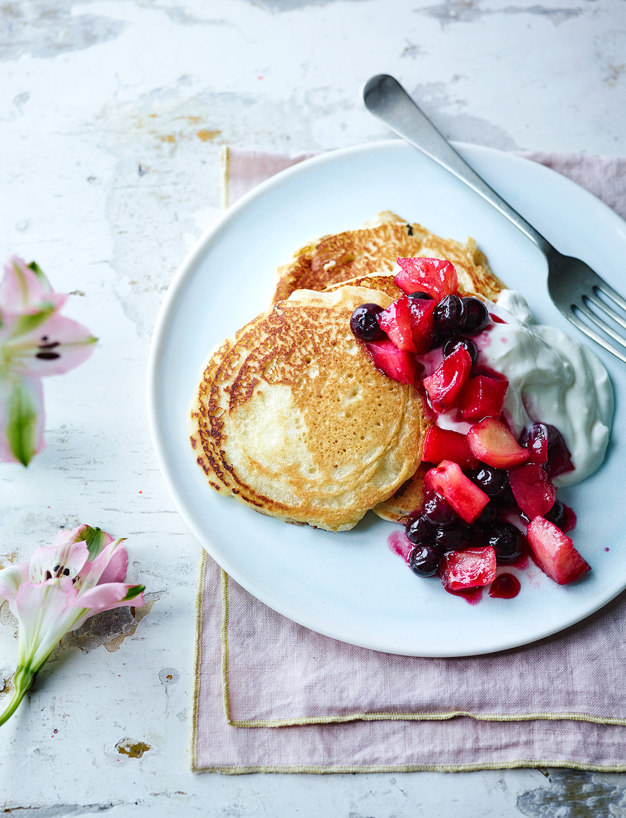 Coconut drop scones with blueberry and apple compote recipe | Sainsbury`s Magazine