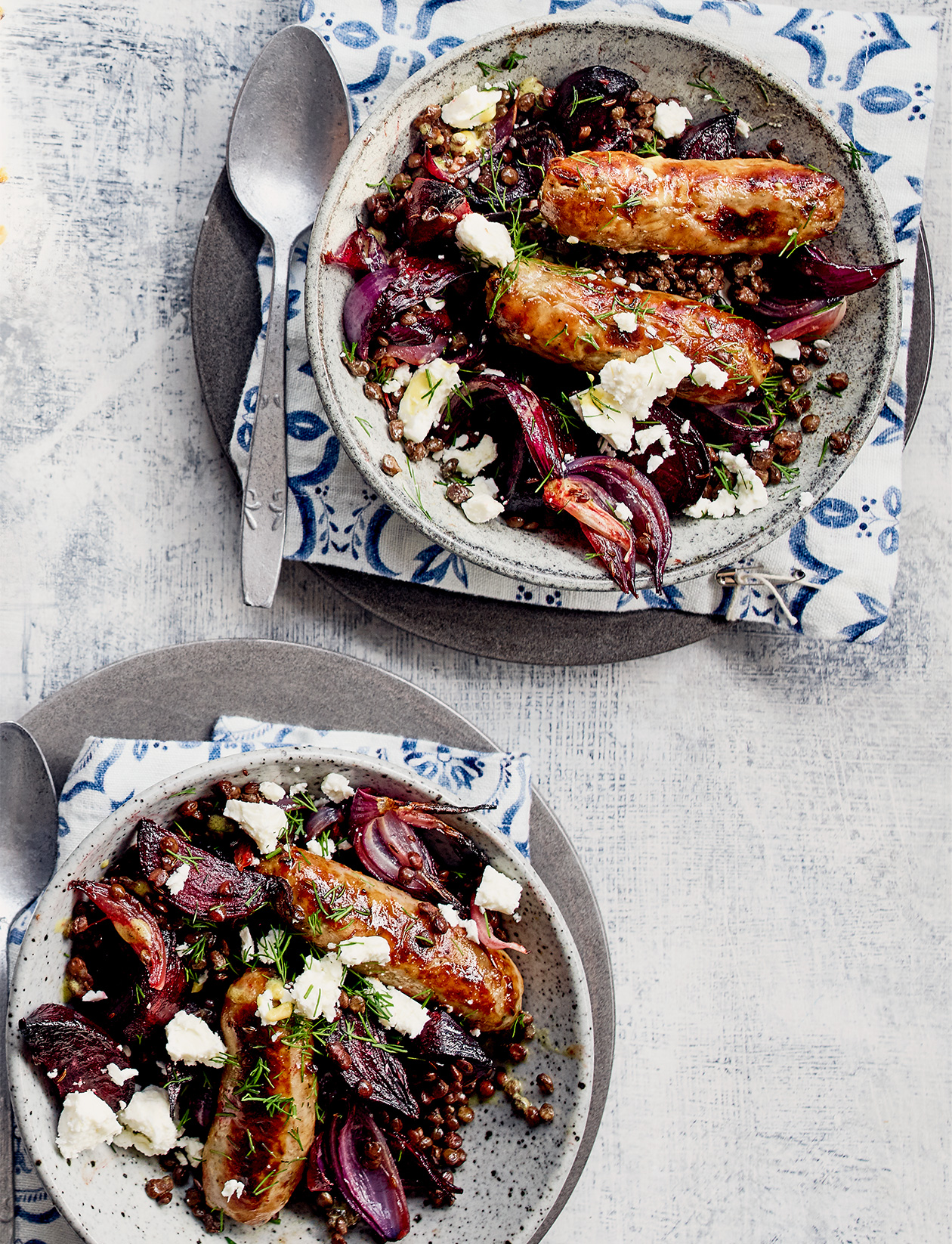 Sausages with mustardy lentils, beetroot and feta recipe | Sainsbury`s Magazine