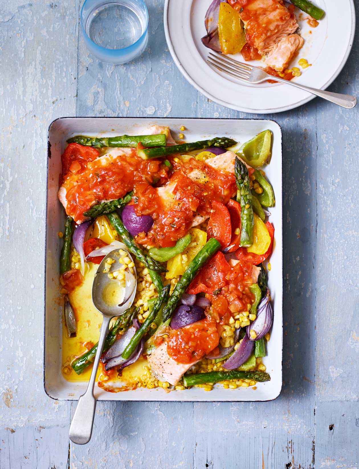 Salsa salmon and summer veg traybake recipe | Sainsbury`s Magazine