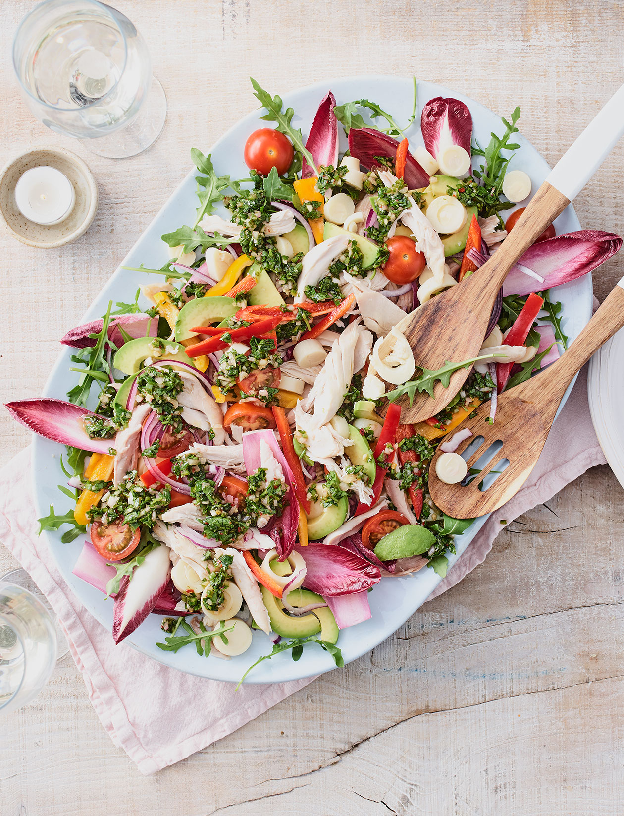 Rotisserie chicken salad with hearts of palm and chimichurri dressing
