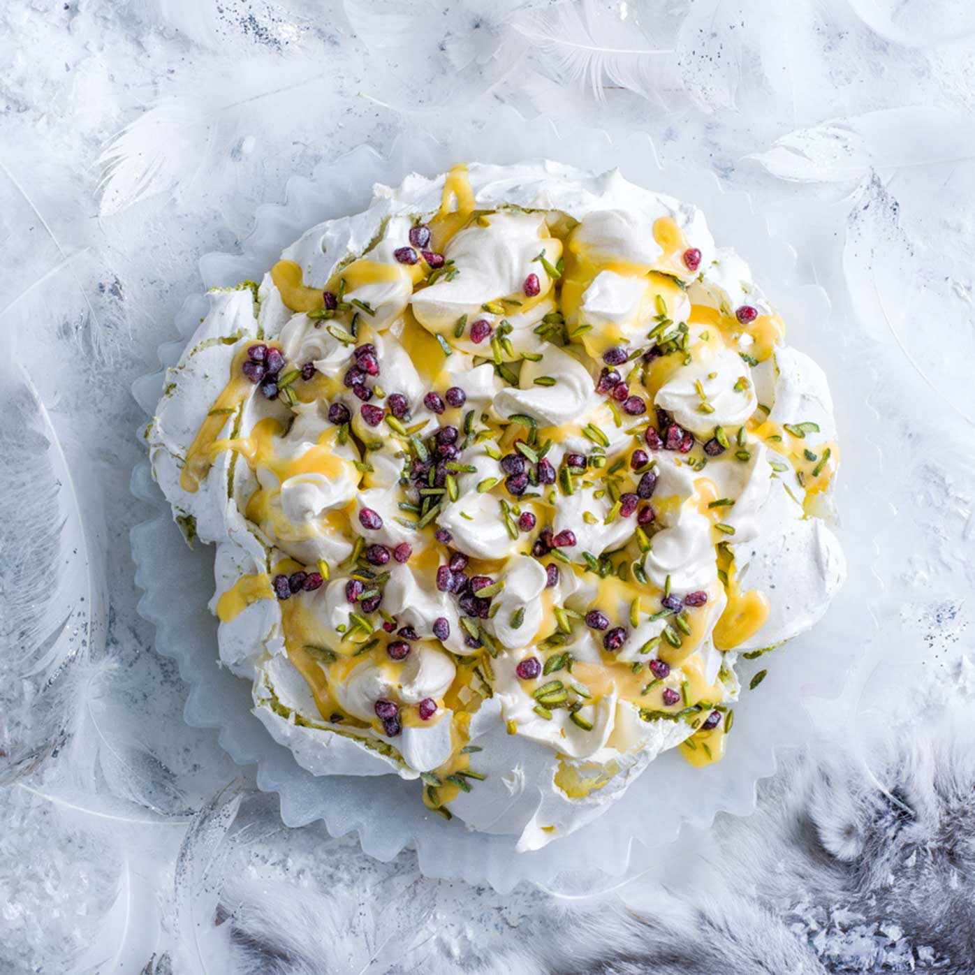 Saffron & pistachio pavlova with citrus curd recipe Sainsbury`s Magazine