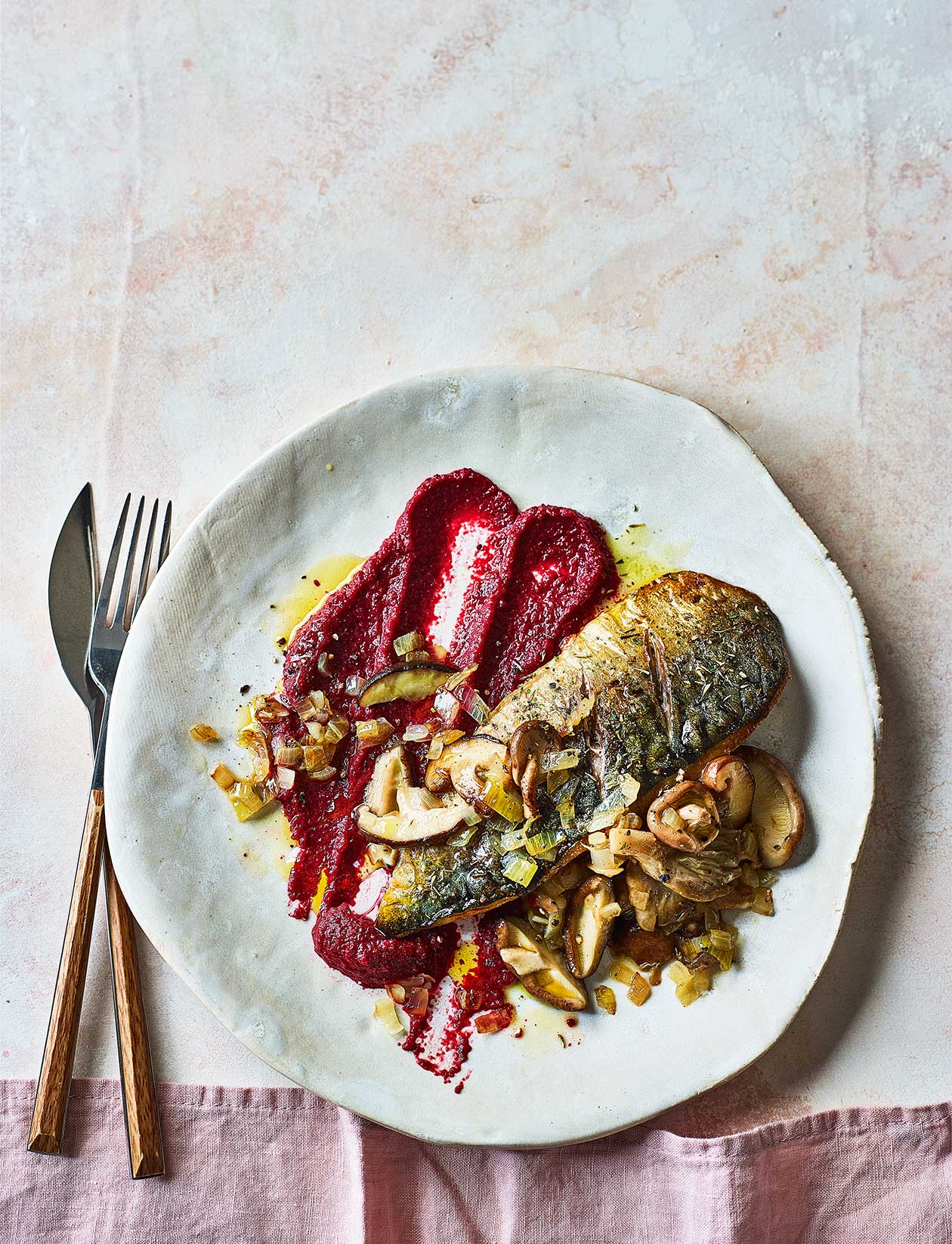 Herbed mackerel with beetroot purée and mushrooms recipe Sainsbury`s