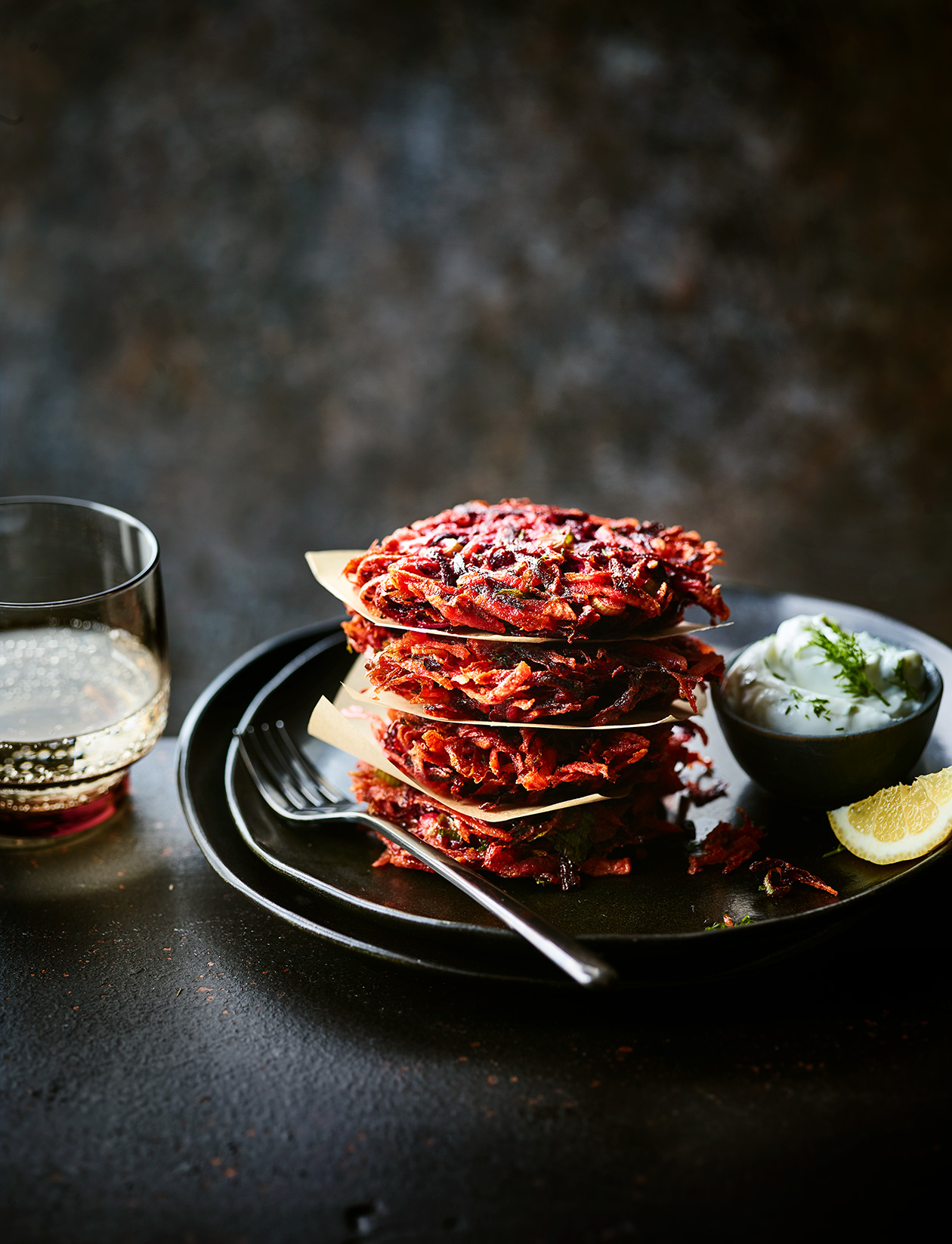 Beetroot and dill fritters with yogurt sauce recipe Sainsbury`s Magazine