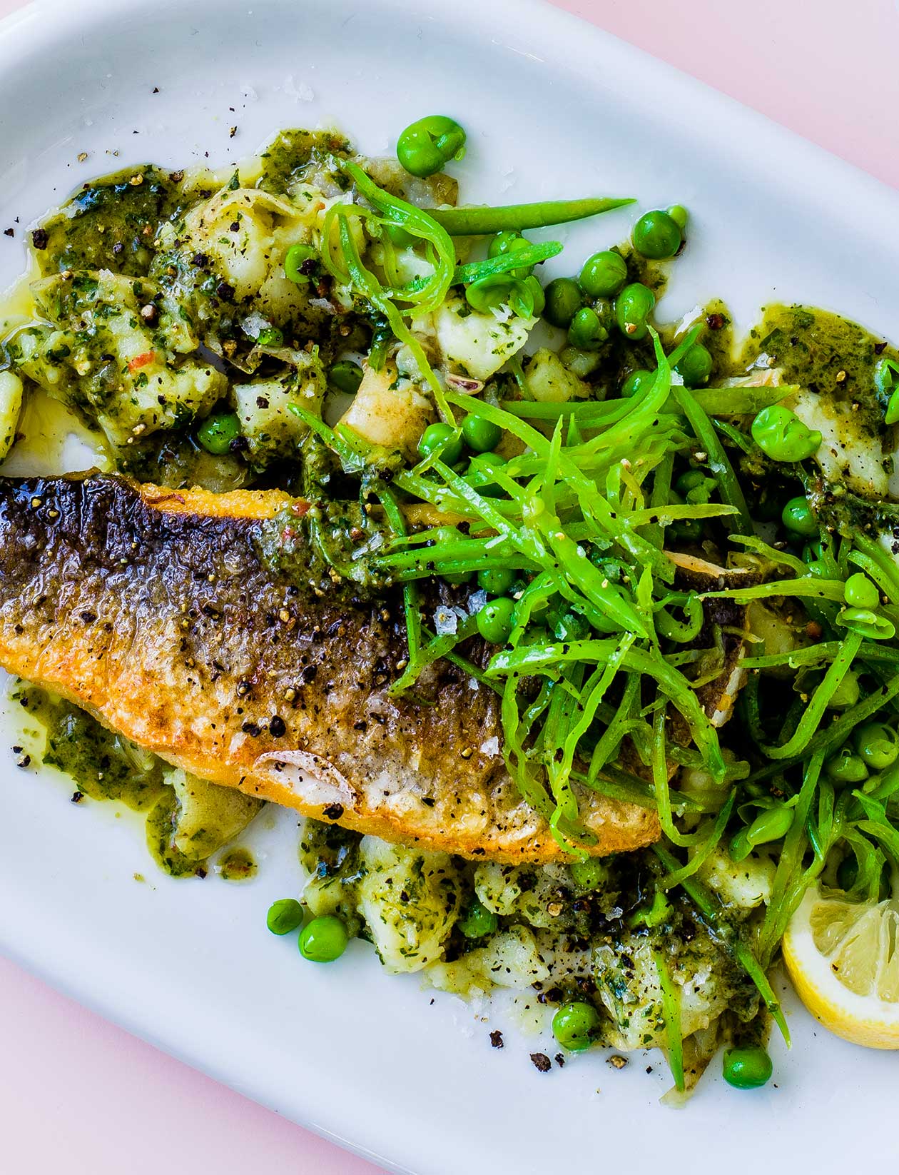 Sea bass with parsley and anchovy ‘pesto’ recipe Sainsbury`s Magazine