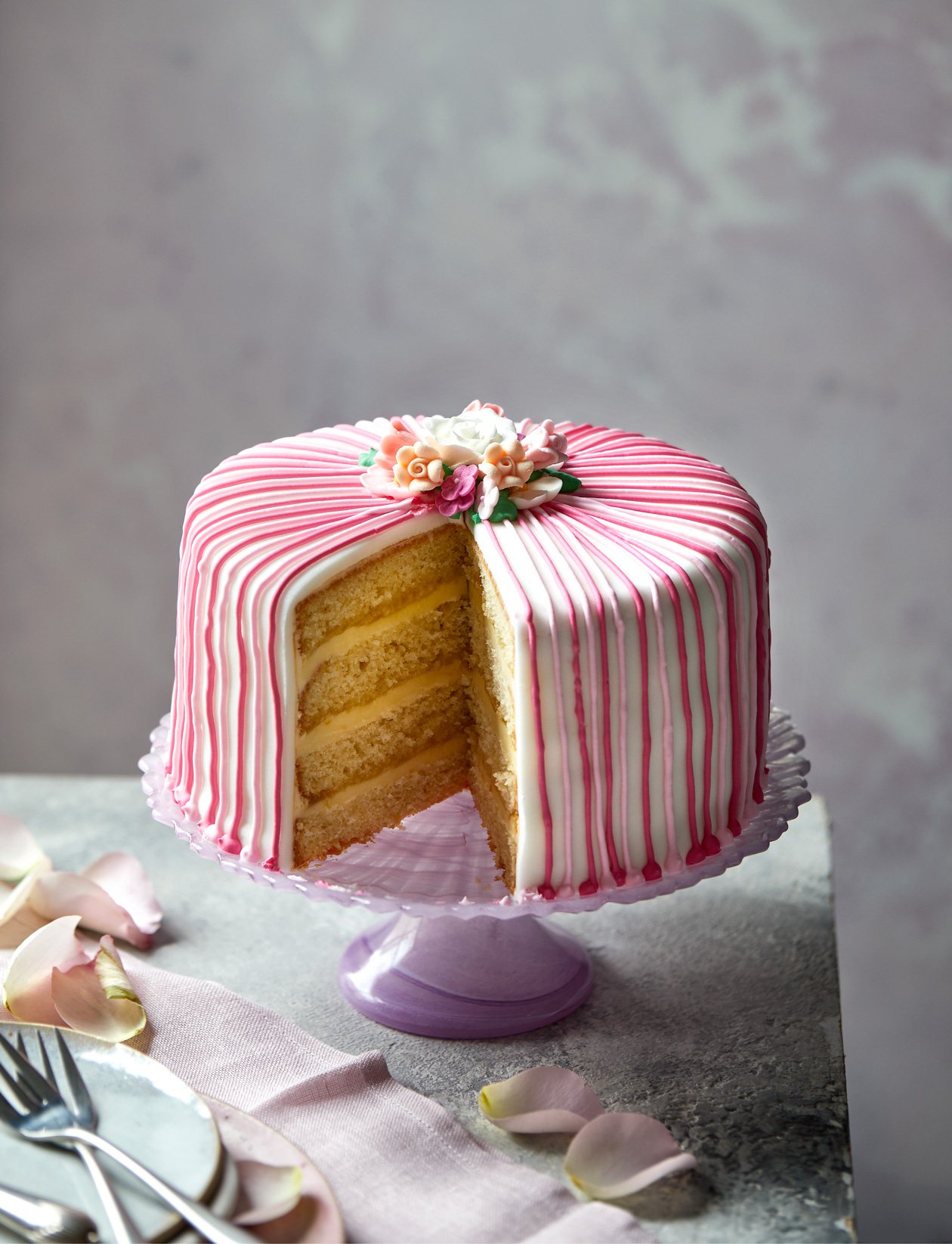 Stripy rose celebration cake recipe | Sainsbury`s Magazine