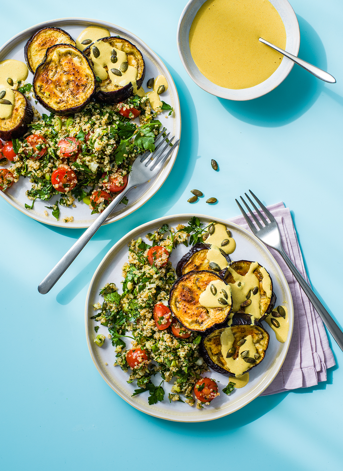 Roast aubergine with tabbouleh and walnut turmeric sauce recipe | Sainsbury`s Magazine