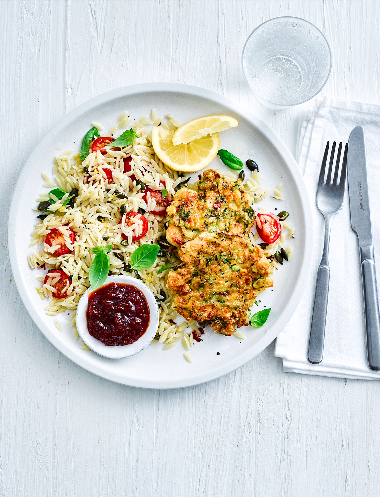 Halloumi fritters with pasta salad recipe | Sainsbury`s Magazine
