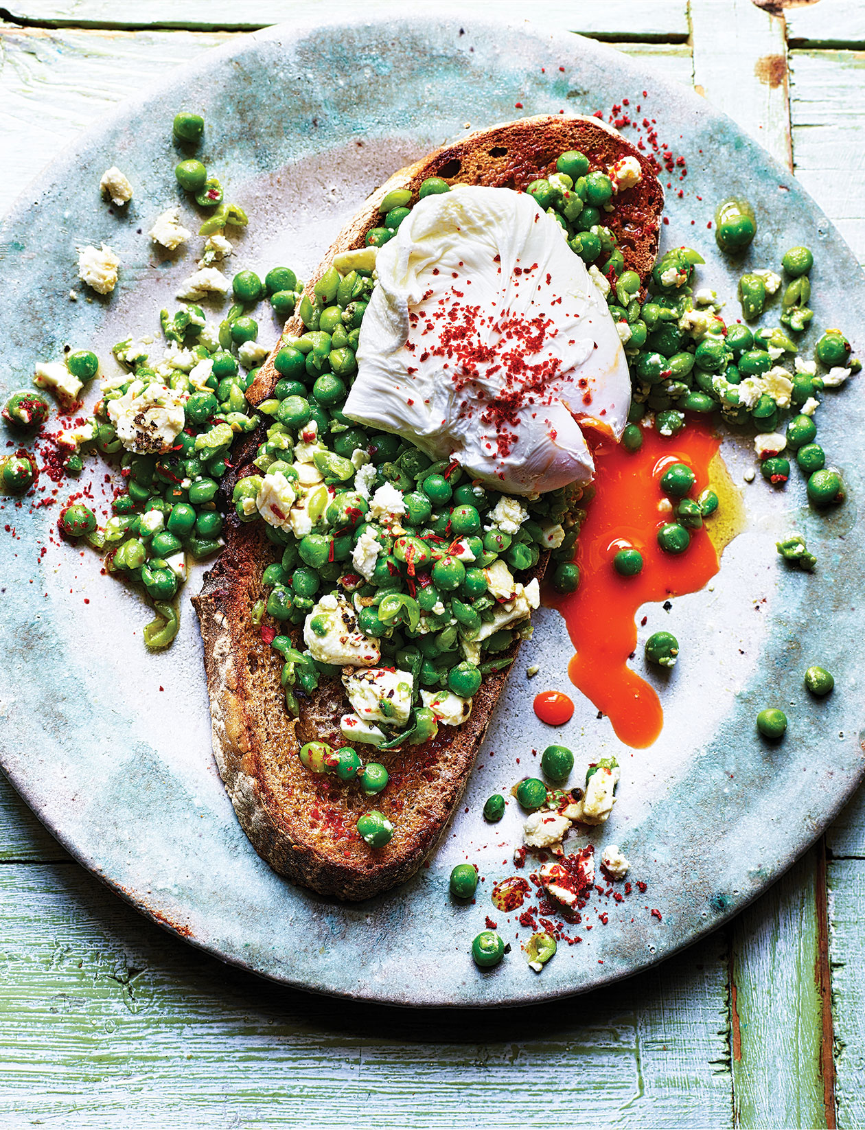 Pea and feta smash with poached eggs on toast recipe Sainsbury`s Magazine