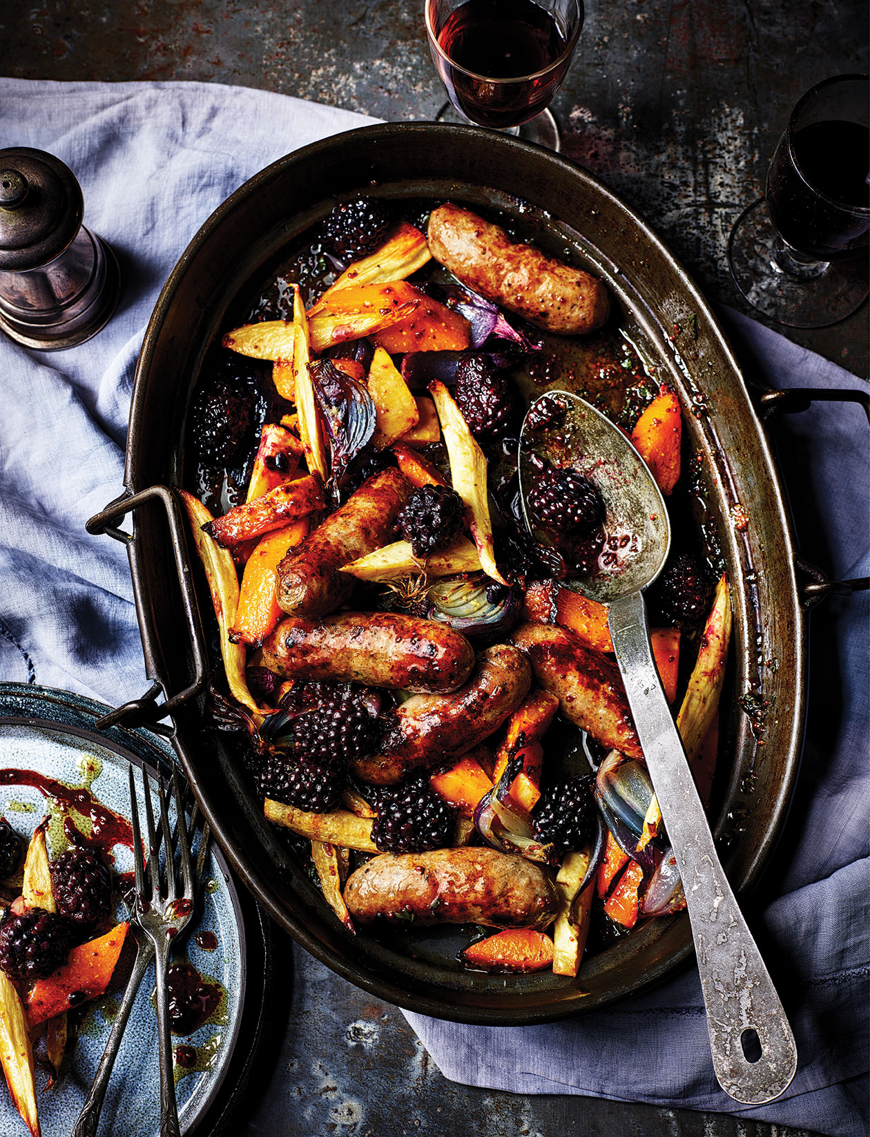 Sausage, sage and blackberry traybake recipe | Sainsbury`s Magazine