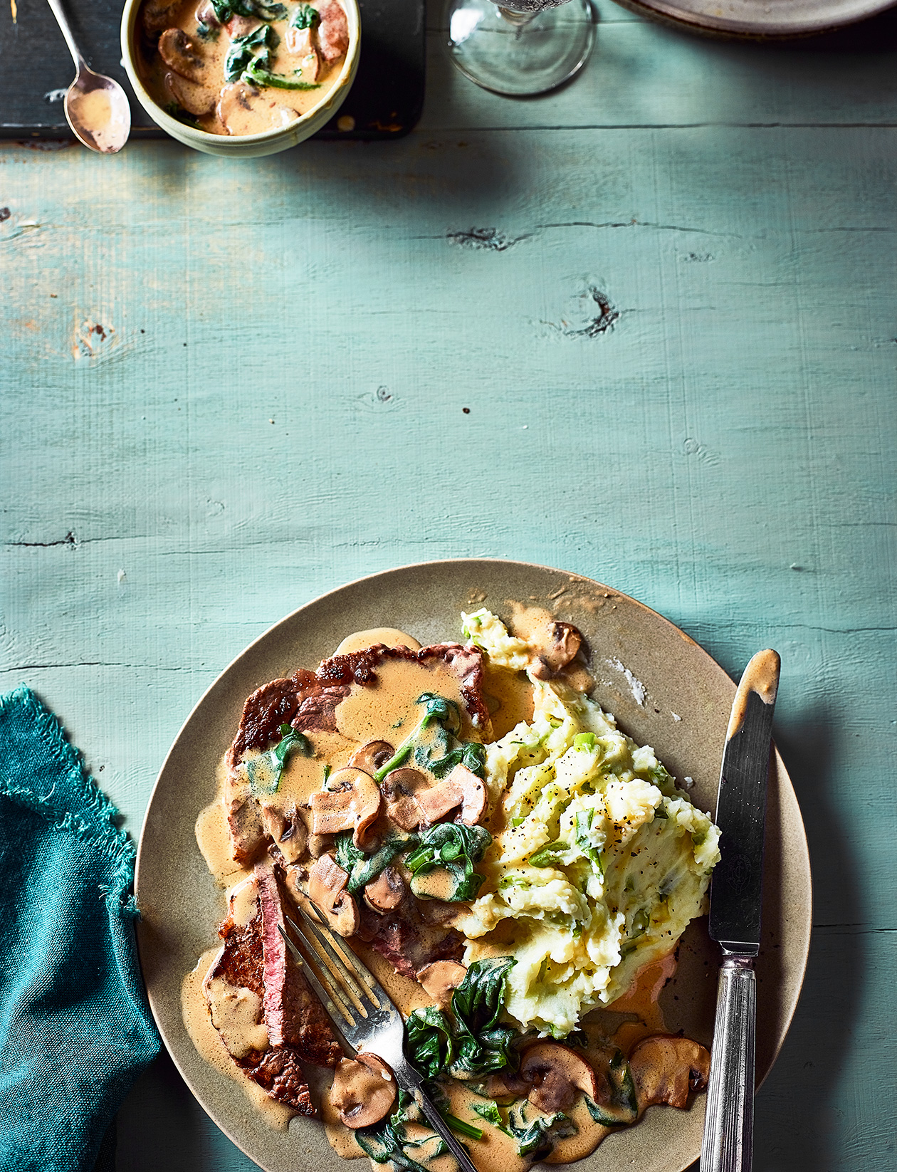 Steak with Florentine mushroom sauce and mash recipe Sainsbury`s Magazine
