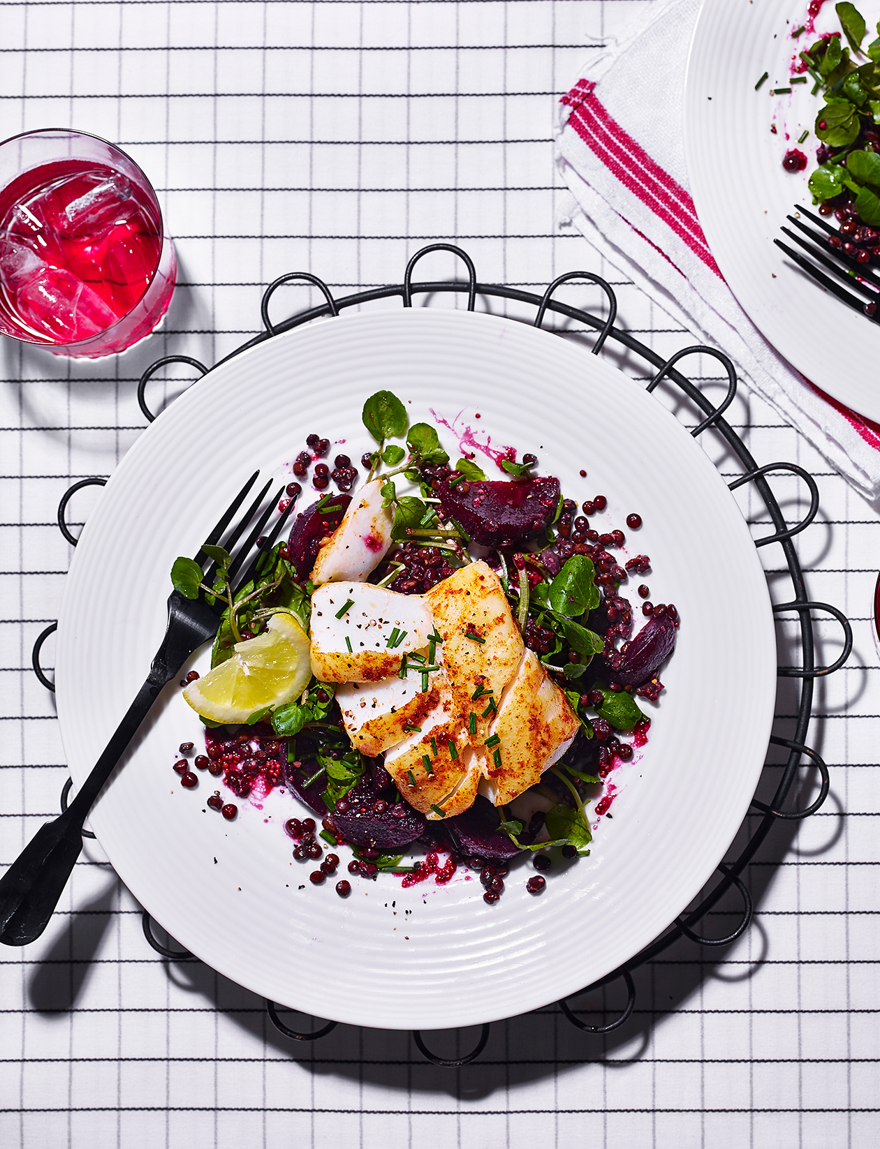 Cod loin with beetroot and lentil salad recipe | Sainsbury's Magazine