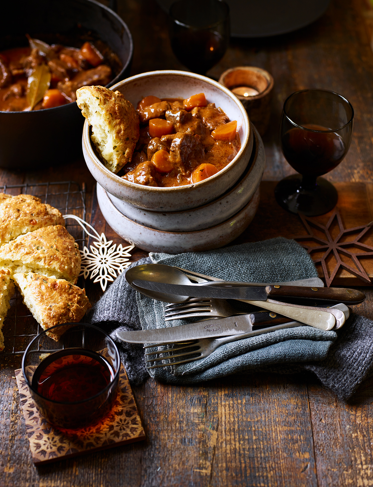 Storecupboard beef stew and cheese biscuits recipe | Sainsbury`s Magazine