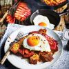 BBQ cornbread with chilli honey, maple-glazed gammon and eggs
