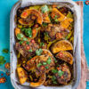 Honey-miso chicken squash traybake
