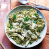 Green couscous with torn tahini chicken