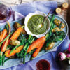Spring veg with coriander-mint pesto