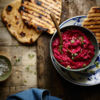 Salt-baked beetroot houmous with spelt flat breads