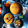 Pumpkin soup with tomato, corn and coriander salsa