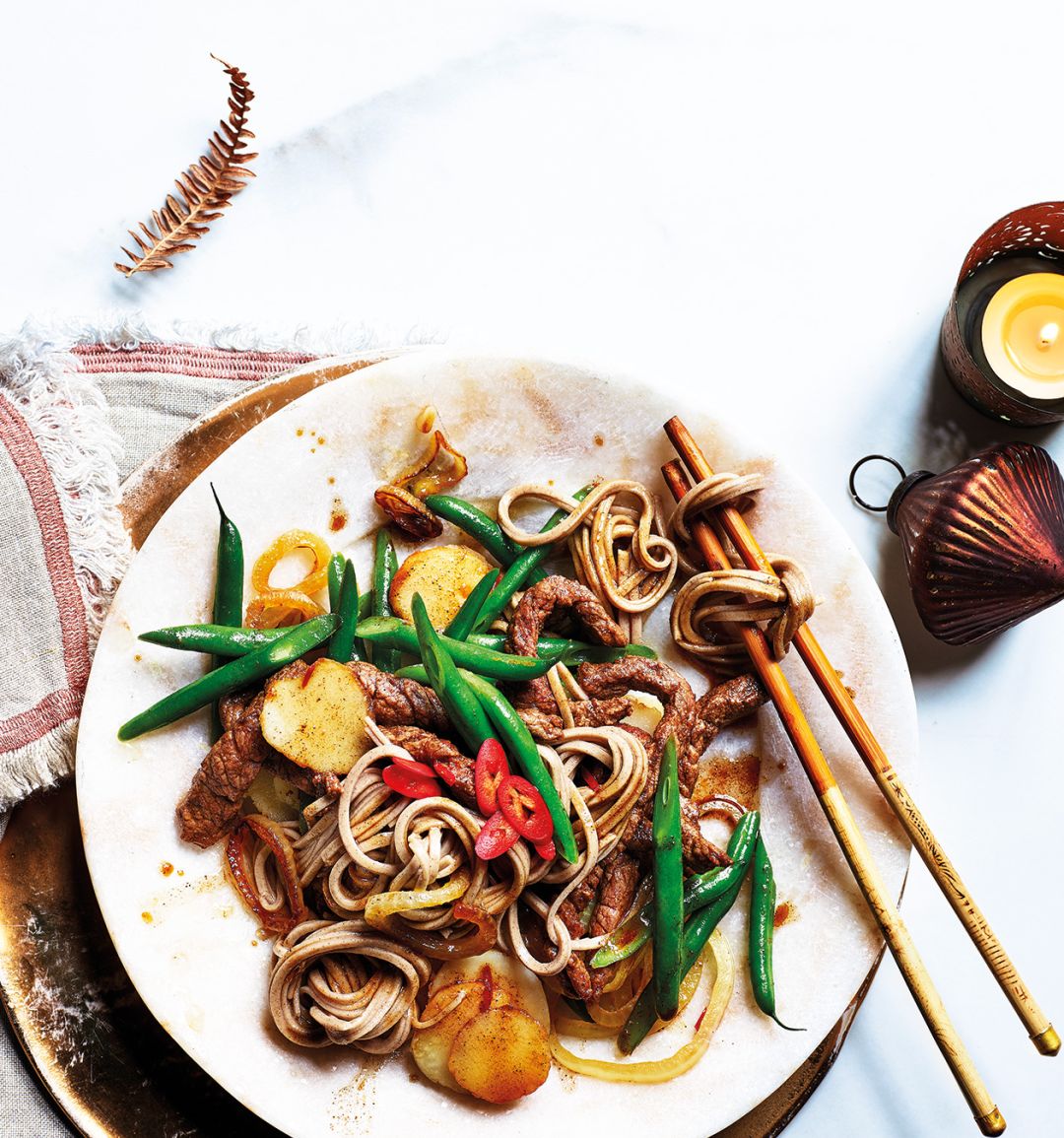 Sesame-soy beef and green bean stir-fry