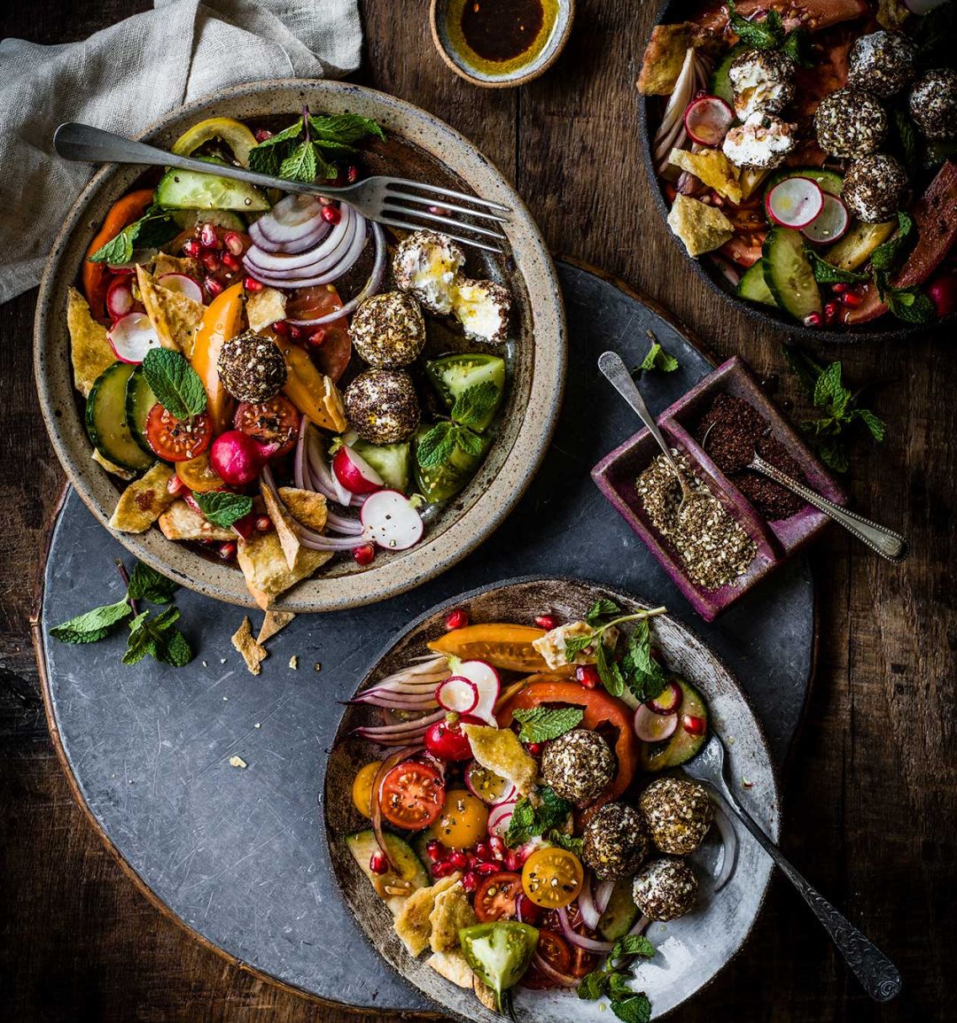 Fattoush salad with herbed labneh balls