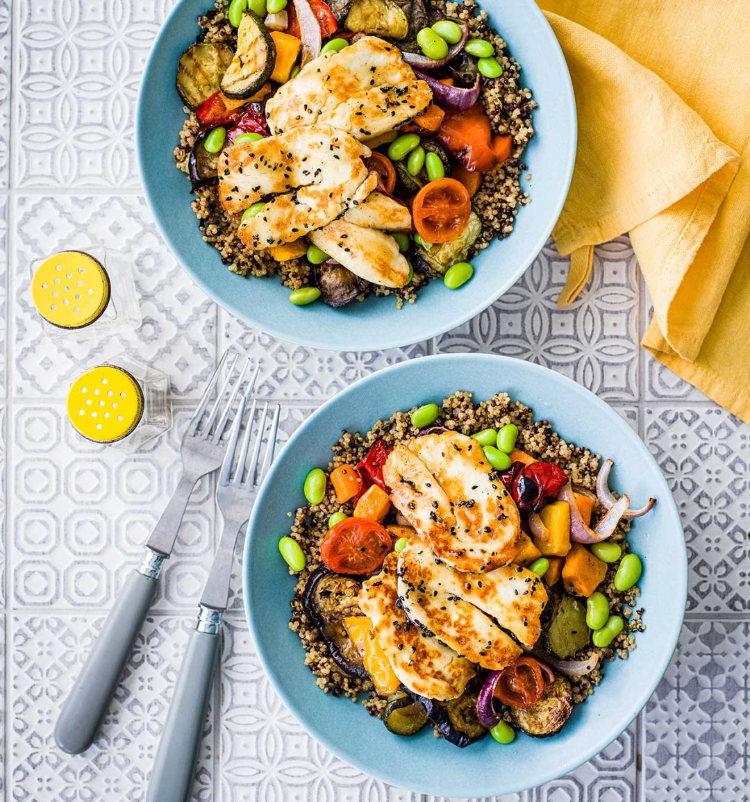 Halloumi and rainbow veg grain bowl
