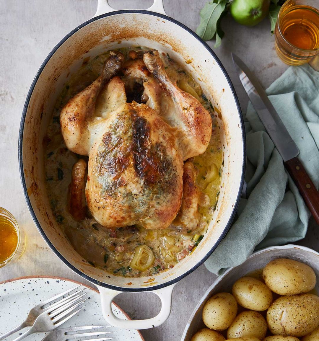 Pot-roast chicken with cider and tarragon
