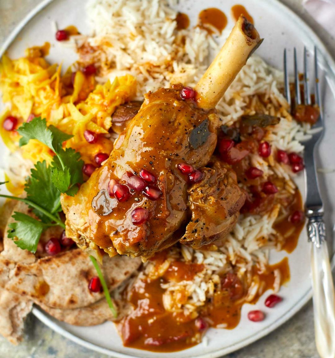 Curried lamb shanks with Mauritian mango kutcha 