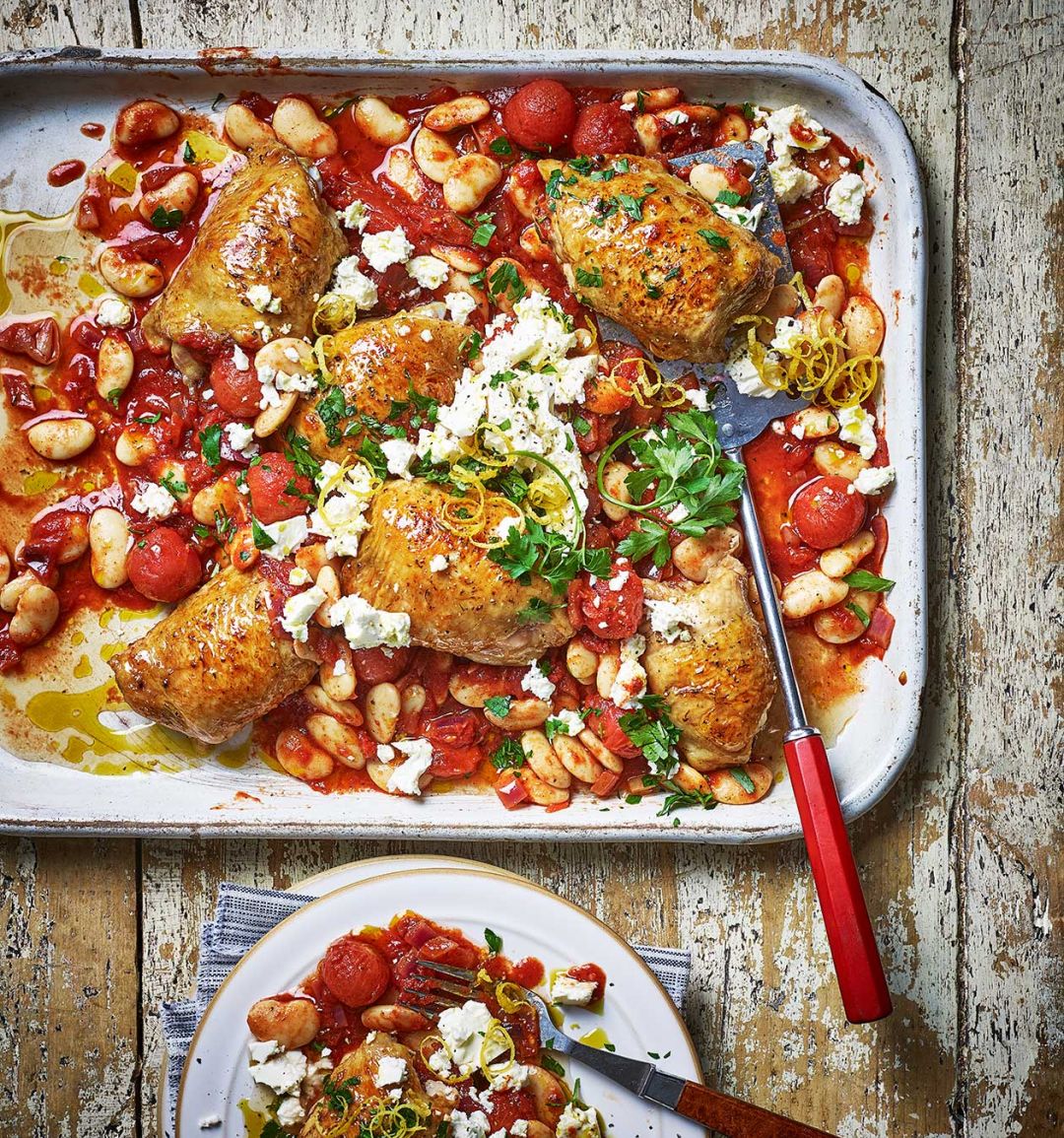 Greek chicken and butter bean traybake