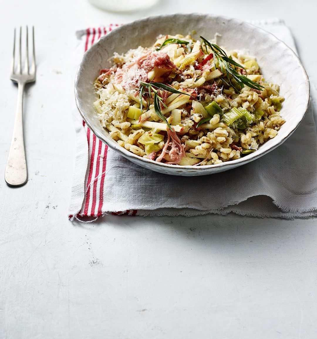Leek, ham and apple barley ‘risotto’ 