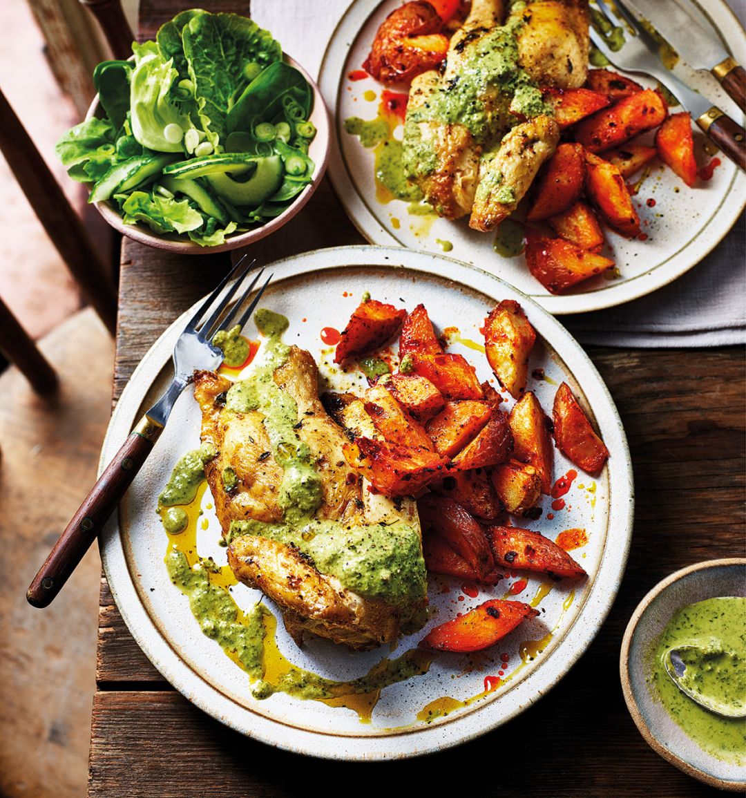 Spiced spatchcock poussin with harissa potatoes