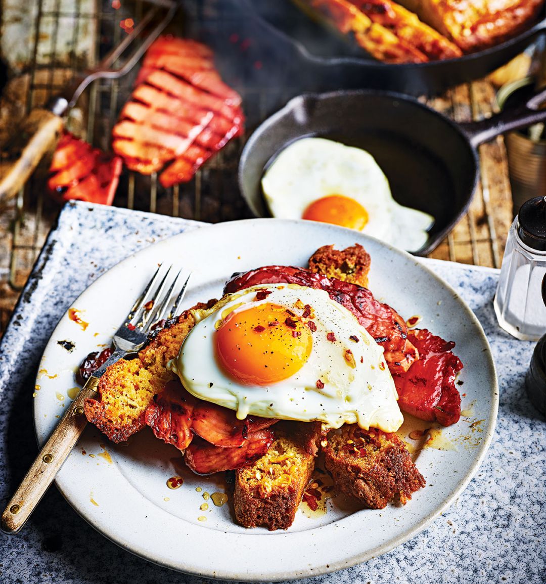 BBQ cornbread with chilli honey, maple-glazed gammon and eggs