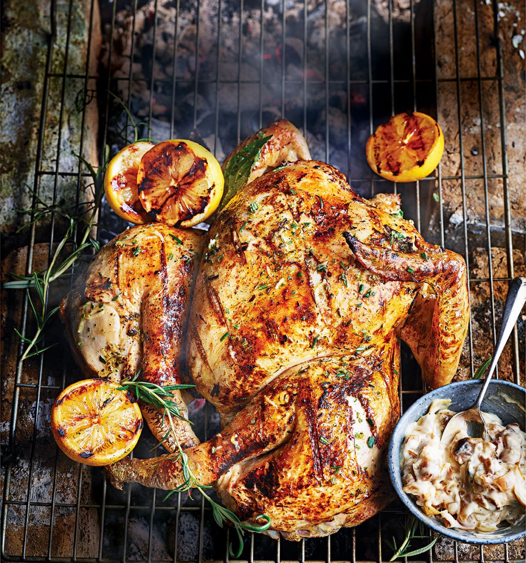 Spatchcock BBQ chicken with burnt onion aïoli and caramelised lemons