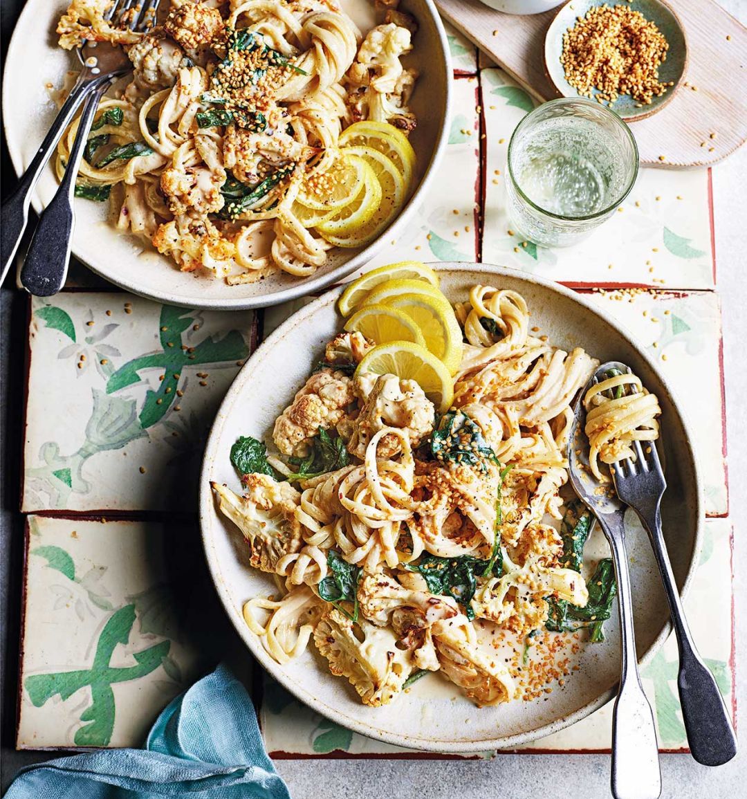 Roast cauliflower pasta with creamy tahini sauce 