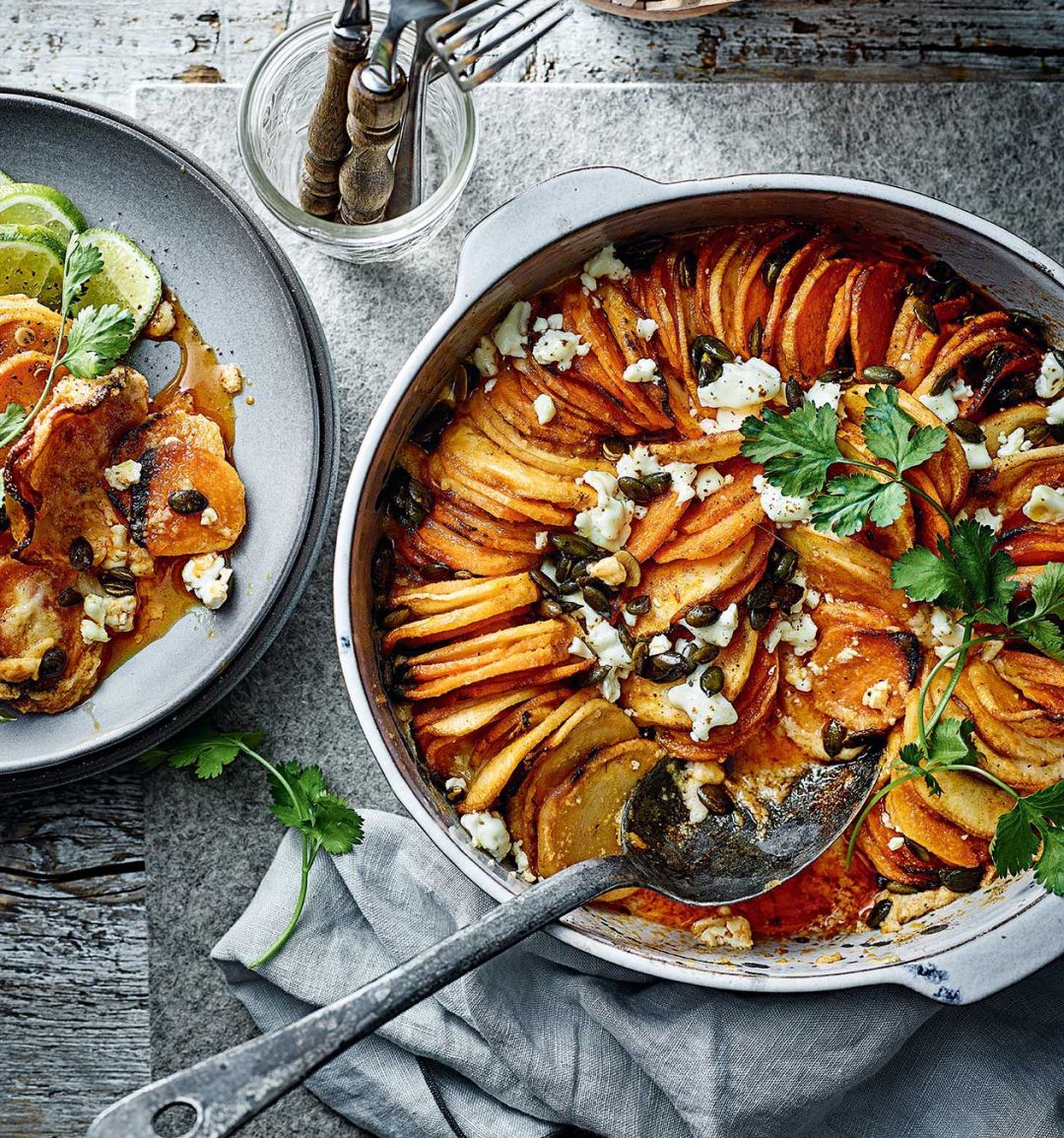 Sweet potato, turnip and feta gratin