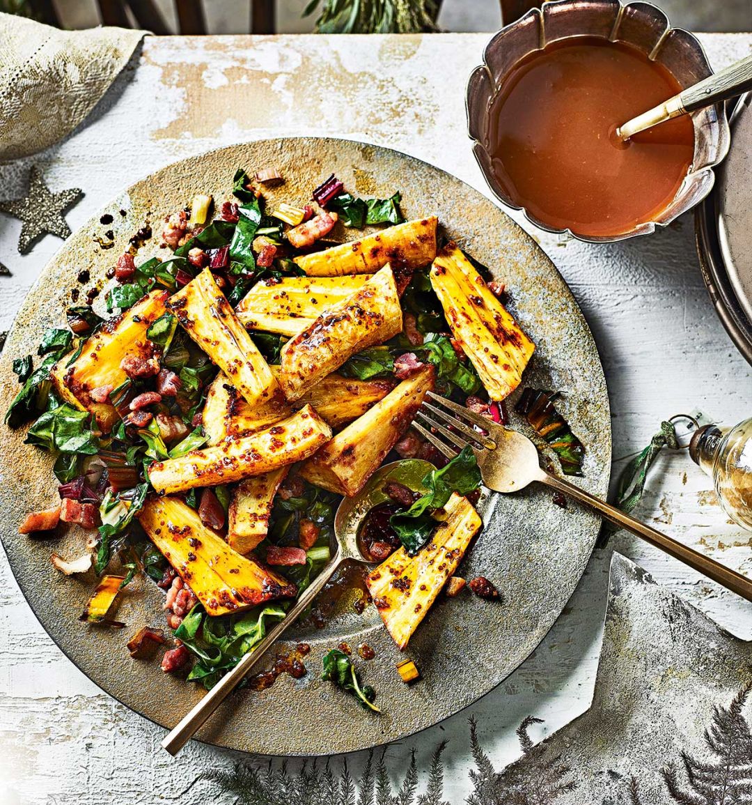 Honey-mustard parsnips with bacon and chard