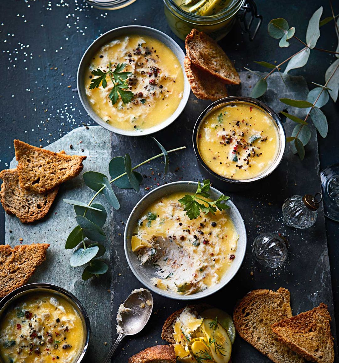 Potted mackerel, pickled cucumber and crispbread