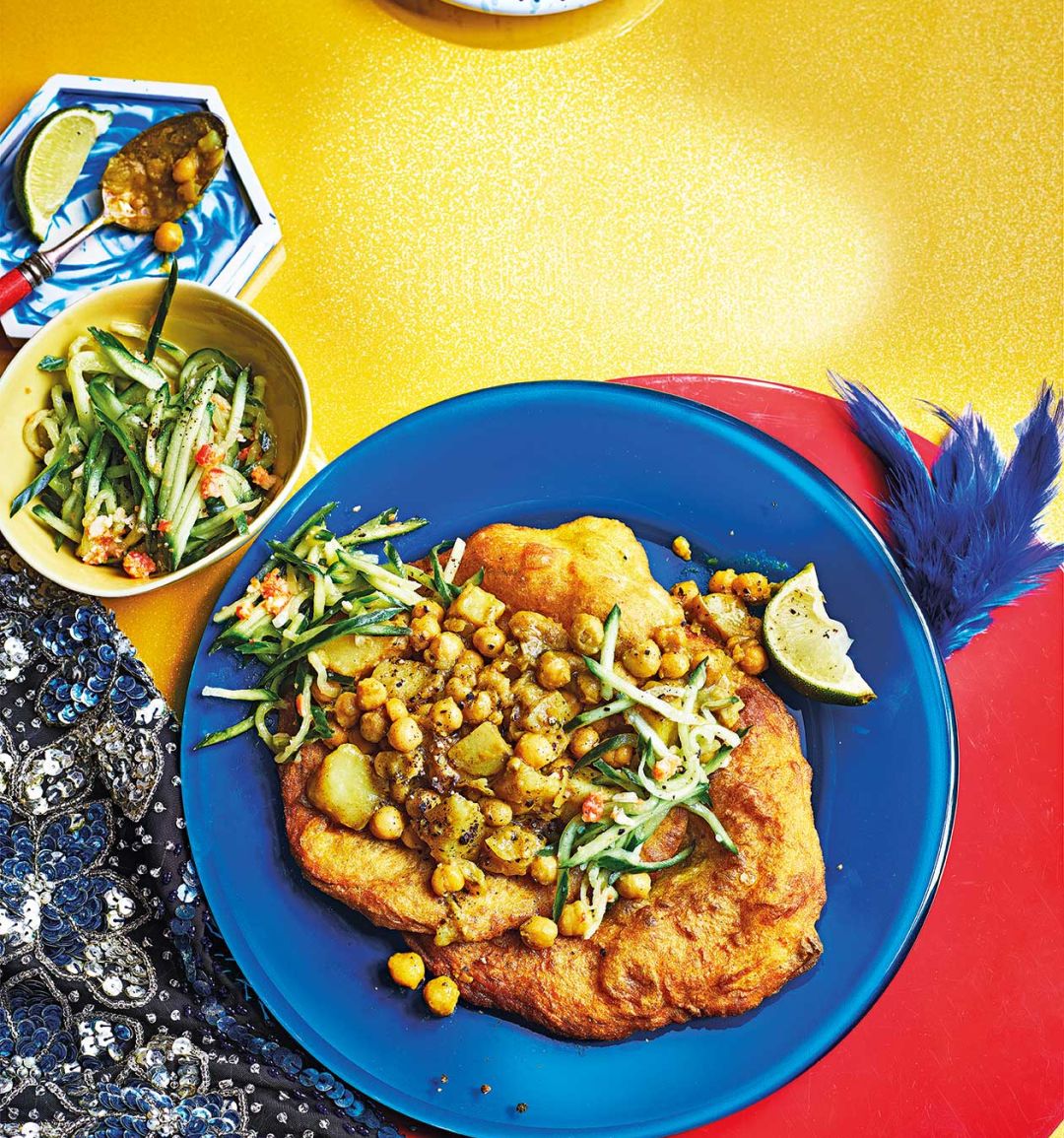 Doubles and cucumber chutney