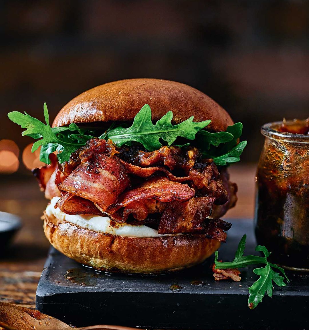 Smoky bacon buns with date ketchup