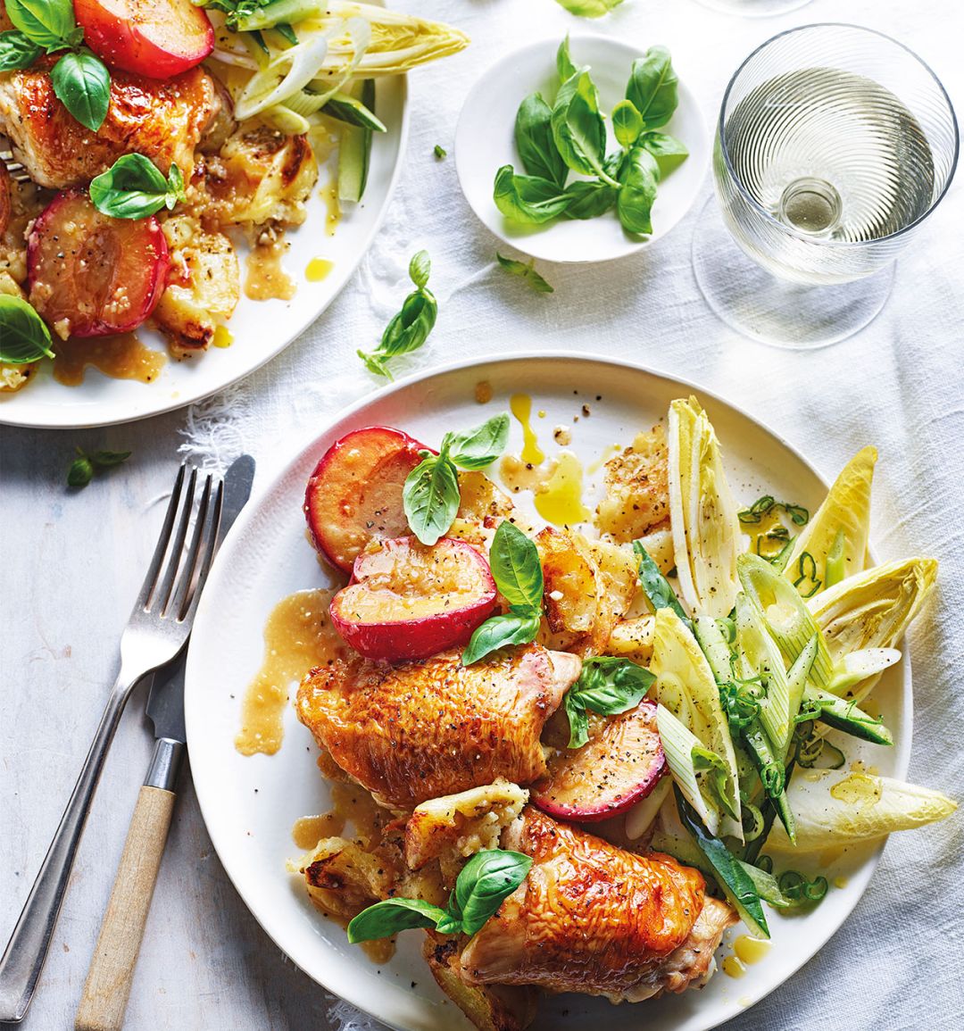 Roast chicken, potatoes and plums with marsala sauce