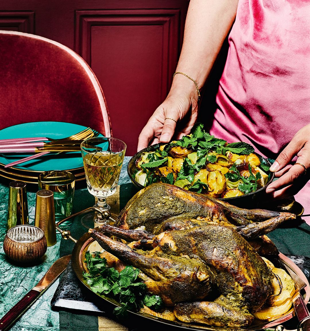 Hariyali guinea fowl with roasted onions