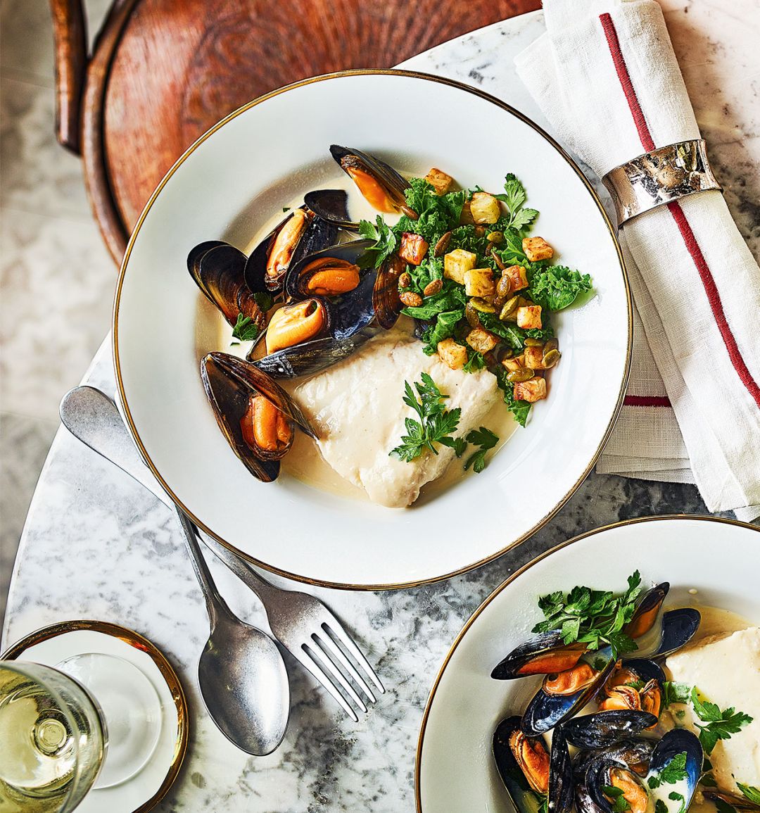 Cider-poached cod with spiced mussels